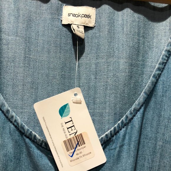 NWT Sneak Peek Chambray Denim Tie Waist Romper S - Picture 5 of 6